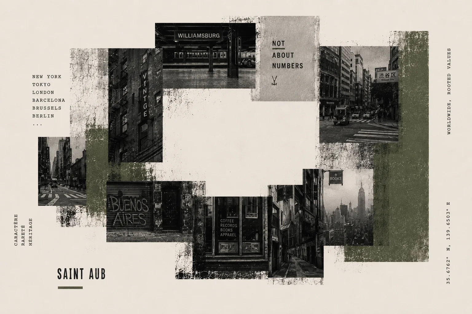 Saint Aub Archive Editorial — Collage urbain "Past Pieces Lasting Stories" worldwide