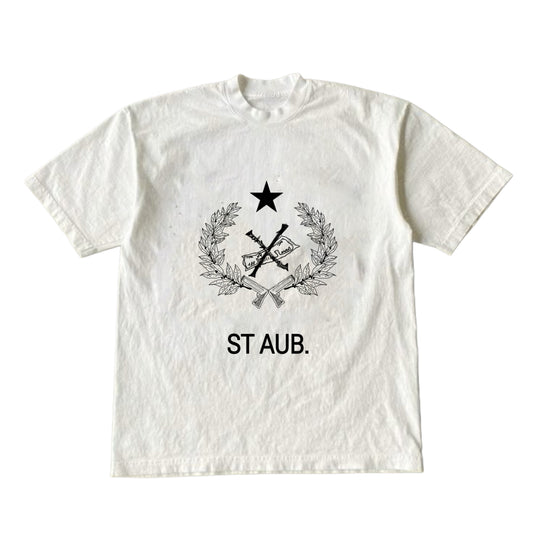 OG Saint Aub White T-shirt — T-shirt blanc emblème héritage sérigraphie noire streetwear